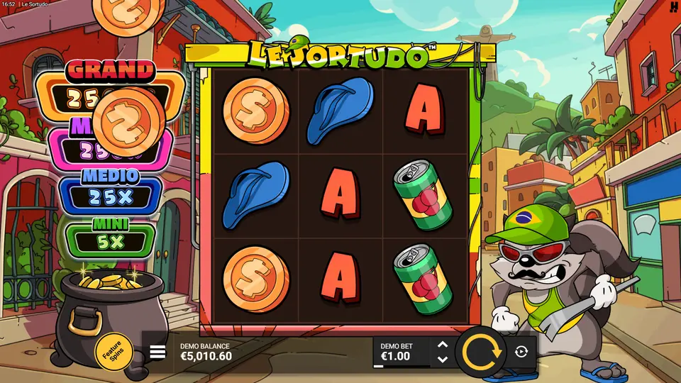 Le Sortudo winning combination with Gold, Silver and Bronze Coins revealing values next to the Jackpot Signs