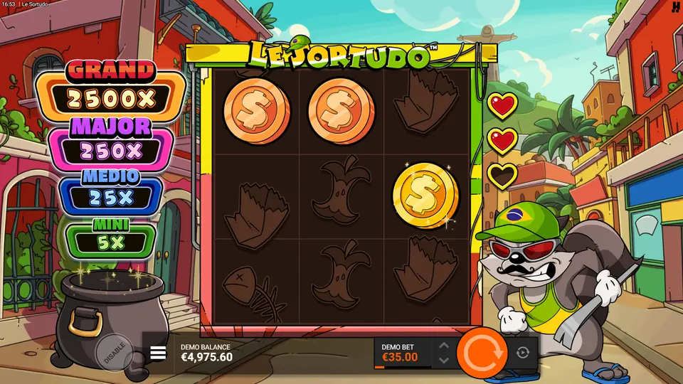Le Sortudo Rainbow Fortune Hold & Win grid with sticky Coin and Pot of Gold symbols and the Life Meter
